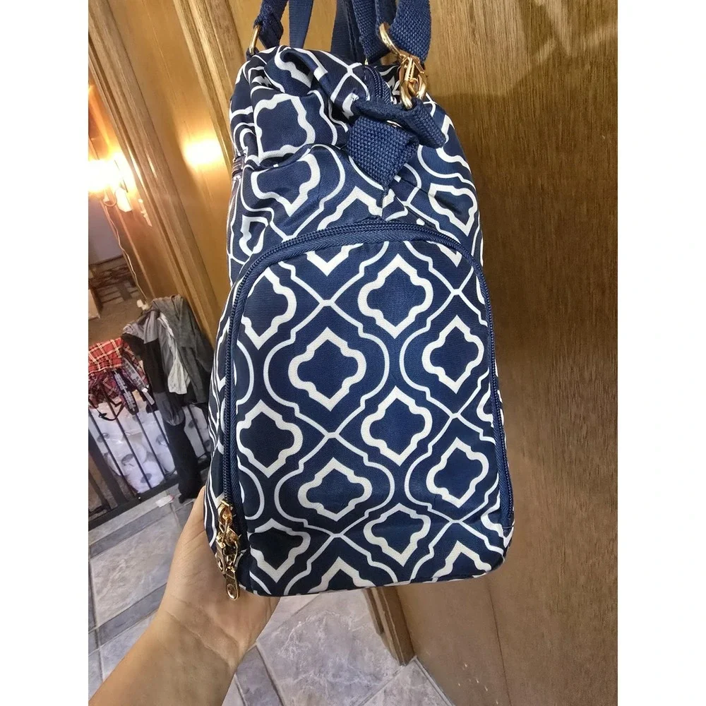 Sarah Wells Lizzie Navy White & Gree Pump Tote Satchel